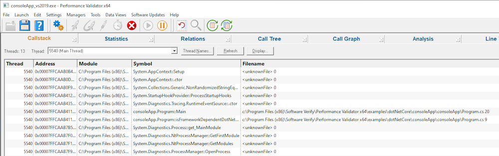 Performance Validator .Net Core realtime callstack view