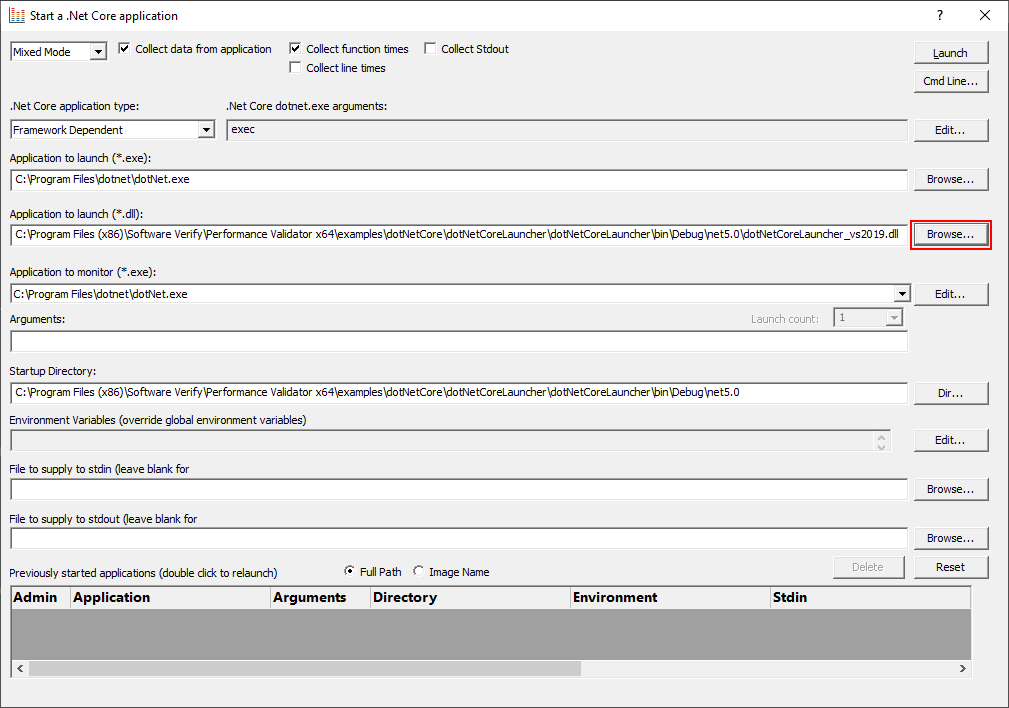 Performance Validator .Net Core Launch Dialog Application to Launch
