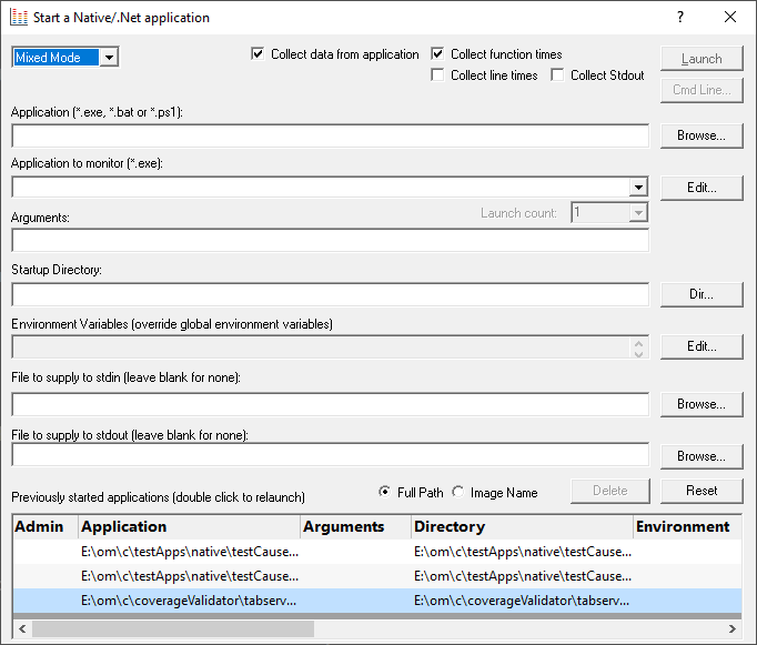 Performance Validator native and .Net launch dialog