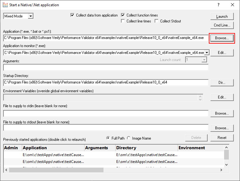 Performance Validator native and .Net launch dialog native example