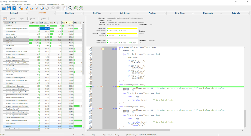 Performance Validator native and .Net child process profiling results