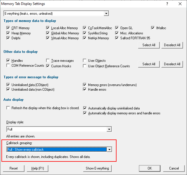 Memory Validator display tab settings dialog full