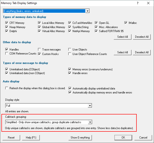 Memory Validator memory tab display settings callstack grouping simplified