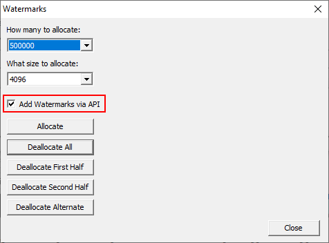 Memory Validator native example watermarks dialog add watermarks via API