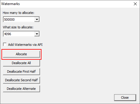 Memory Validator native example watermarks dialog allocate