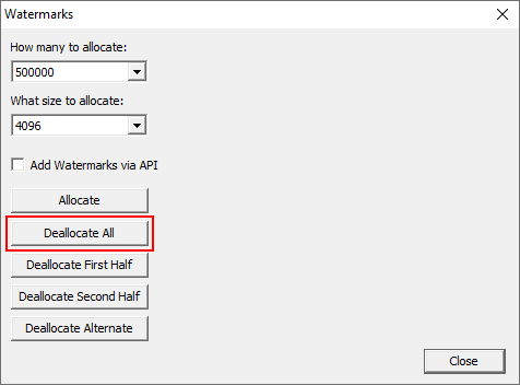 Memory Validator native example watermarks dialog deallocate all
