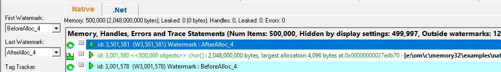 Memory Validator memory tab displaying memory allocations between watermarks added by API